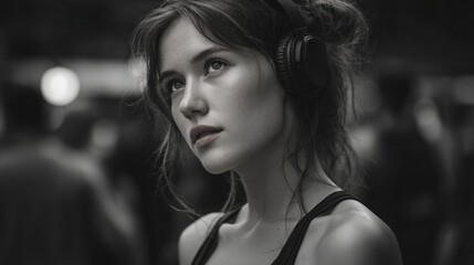 Melancholy Portrait: A pensive woman with a gentle gaze, captured in a timeless black and white photograph, is lost in thought, revealing a moment of introspective contemplation.