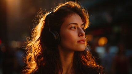 Inner Harmony: A woman, radiating tranquility, immersed in her music, basks in the golden glow of the sunset.
