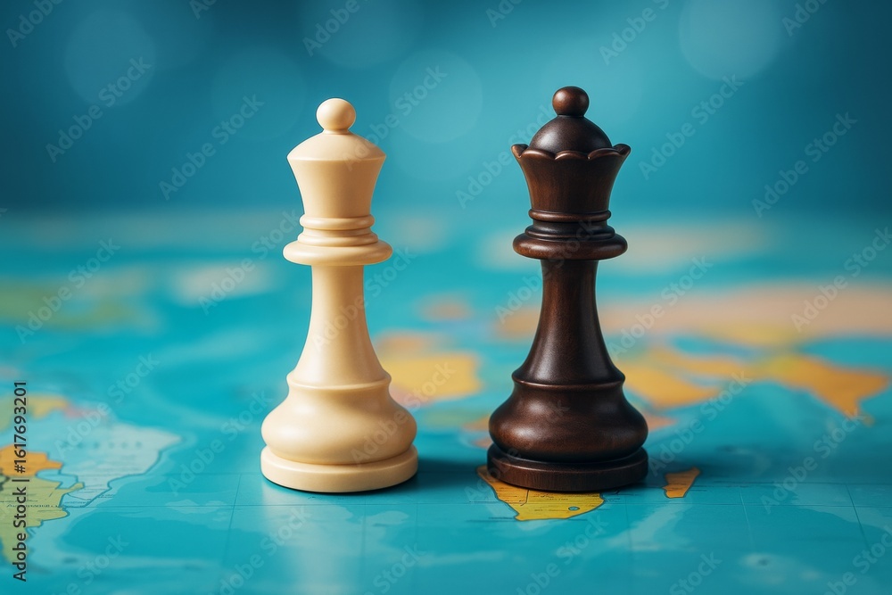 Poster white and black chess queen pieces standing on a world map symbolizing global strategy and competiti