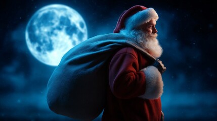 Santa Claus and the Moon: A digital painting of Santa Claus, fully dressed in red clothes, is silhouetted by the radiant glow of a full moon. A bag full of presents over his shoulder.