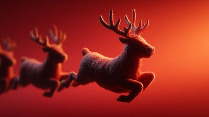 Reindeer Silhouette in Sunset: A line of reindeer, in a warm, vibrant and photorealistic orange-red backdrop, moving forward, a symbol of the festive season and the joy of anticipation.