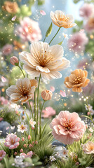 pastel kawaii flowers Beautiful blooming flowers in a serene setting. soft floral pattern, cute japanese wallpaper