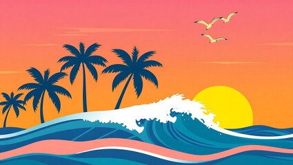 Obraz premium Tropical island paradise with palm trees and crashing wave at sunset