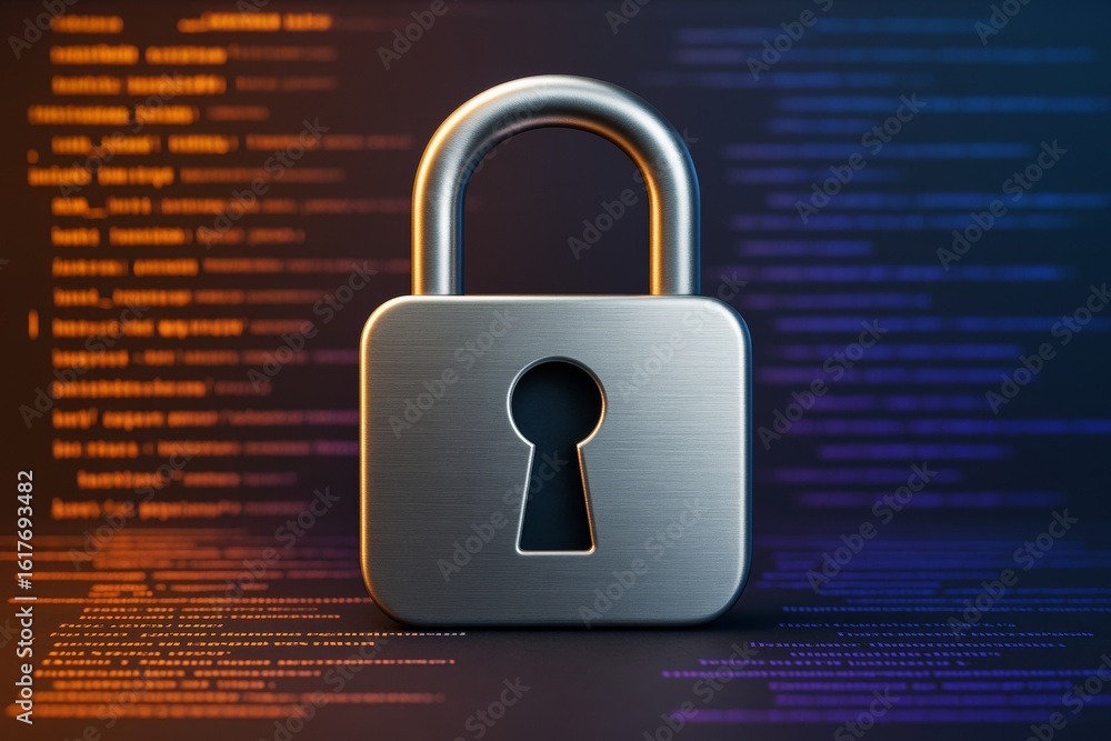 Poster cybersecurity concept with metallic padlock in focus and colorful programming code background in cre