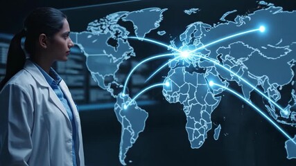 Global Pandemic Investigator: A focused individual, wearing a lab coat, contemplates the global spread of a disease, represented by illuminated lines connecting the world map. - Powered by Adobe