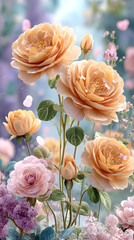 pastel kawaii flowers Beautiful blooming roses in soft pastel tones. soft floral pattern, cute japanese wallpaper