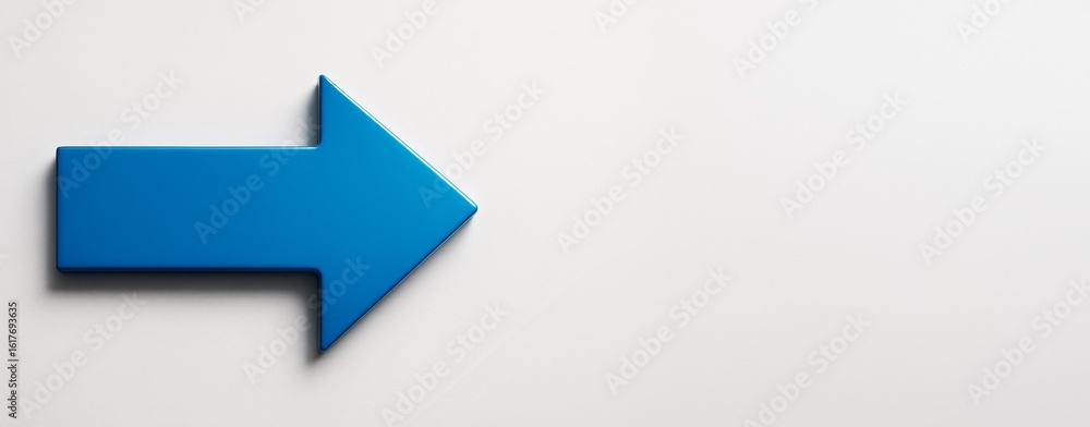 Poster blue arrow pointing left on white background with empty space for text or design, ideal for mockup, 