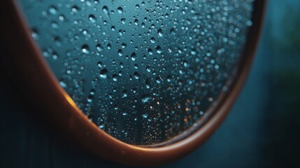 Raindrop-Kissed Reflection: A close-up of a car's side mirror, its surface adorned with glistening raindrops, mirroring a blurred, atmospheric scene beyond.