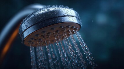 Refreshing Shower Head and Flowing Water: A close-up view of a modern chrome showerhead releases a stream of invigorating water, with droplets glistening. Capturing the essence of renewal.