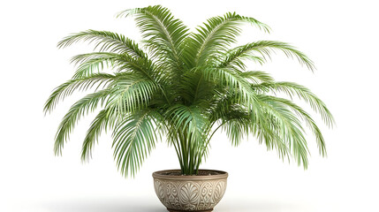 Obraz premium Potted palm tree with lush, green fronds. Ornate, light beige pot