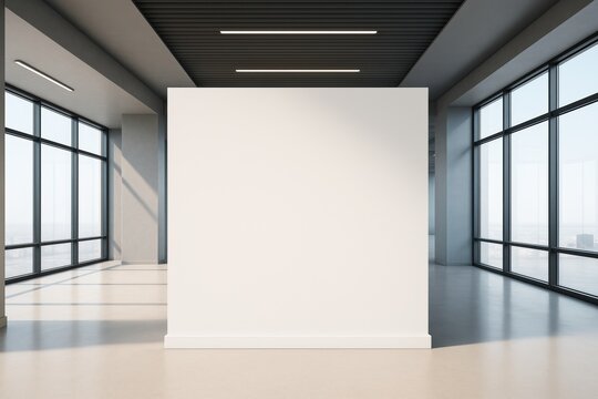 Empty white wall in modern office interior with large windows and natural light for advertising, branding, banner or poster mockup concept.