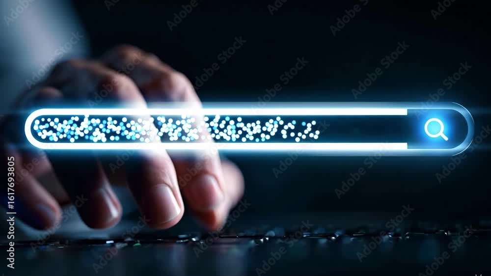Poster searching for information: a person's hand interacts with an illuminated search bar on a keyboard, s