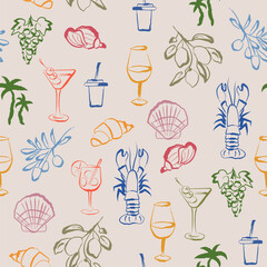 Summer Vacation Seamless Pattern Trendy Line Art Doodles Sketch Style. Hand Drawn Vacation Background Vector Illustration. Doodle Sketch Coastal Print Design.