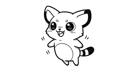 Joyful Raccoon Cartoon Illustration in Black and White with Clean White Background and Playful Mid Air Pose