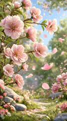 pastel kawaii flowers Blooming pink flowers in serene garden setting. soft floral pattern, cute japanese wallpaper
