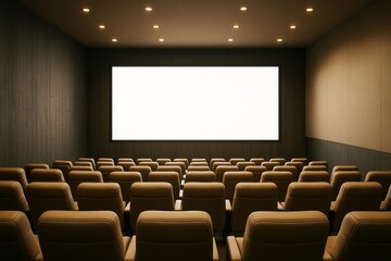 Empty modern cinema hall with blank white screen and leather seats, perfect for advertising, branding or promotional design mockup template.