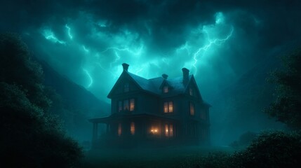 Eerie Haunted House Under Stormy Sky: A chilling scene of a gothic house silhouetted against a dramatic, tempestuous sky, illuminated by flashes of lightning, evoking a sense of mystery and suspense.