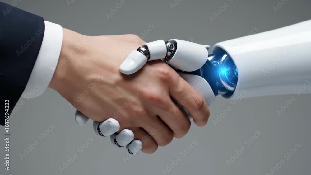 Poster handshake with ai: a businessman in a formal suit extends his hand in a firm handshake with a roboti