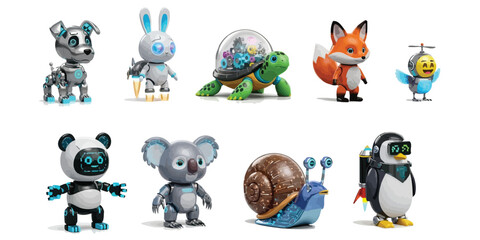 Obraz premium 3D Cute Robotic Animals in Two Rows with Neon Lights, Futuristic Parts, and Playful Expressions
