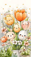 pastel kawaii flowers Cute flowers with adorable characters design. soft floral pattern, cute japanese wallpaper