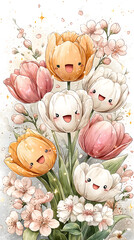 pastel kawaii flowers Cute and cheerful cartoon tulips with smiling faces. soft floral pattern, cute japanese wallpaper