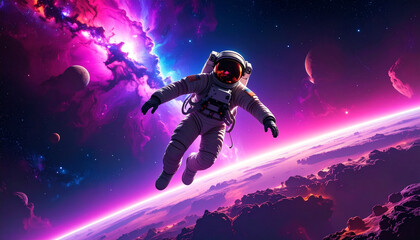 Astronaut in Cosmic Dreamscape: A lone astronaut floats weightlessly in the vastness of space, surrounded by vibrant nebulae, celestial bodies, and the majestic, otherworldly beauty of the cosmos.