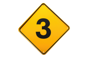 Yellow diamond-shaped road sign with the number three