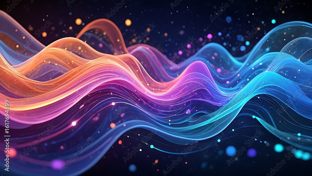 Poster abstract colorful waves with glowing particles and light