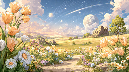 pastel kawaii flowers Vibrant flowers in a serene cosmic landscape. soft floral pattern, cute japanese wallpaper