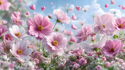 pastel kawaii flowers Vibrant flowers with floating hearts in spring. soft floral pattern, cute japanese wallpaper