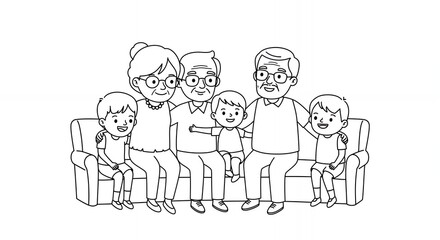 Monochromatic Outline of Multigenerational Family of Seven Seated on Couch in Minimalist Line Work Against White Backdrop