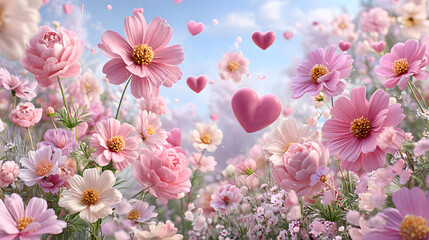 pastel kawaii flowers Vibrant pink flowers with floating hearts. soft floral pattern, cute japanese wallpaper
