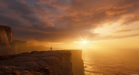 Breathtaking coastal vista with a lone adventurer standing on a rocky precipice during a dramatic, fiery sunset over the ocean