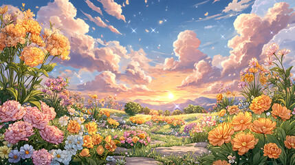 pastel kawaii flowers Vibrant sunset over a floral landscape. soft floral pattern, cute japanese wallpaper