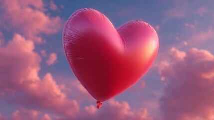 Floating Heart in Sky: A vibrant heart-shaped balloon soars serenely amidst a picturesque, cloud-filled sky, symbolizing love, romance, and the boundless freedom of emotion. 