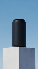 Minimalist Composition Black Can on a White Cube, Blue Sky Background
