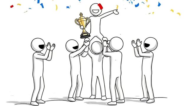 Animated Stick Figures Celebrate Victory with Trophy and Confetti Shower
