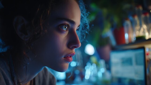 Woman Looking at Screen in Blue Light with Focused Expression