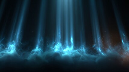 Illuminated Light Beams and Swirling Substance: Radiant azure beams cascade through a dark expanse, illuminating a captivating swirling substance, invoking feelings of wonder, and mystery.