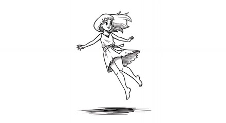 Monochrome Cartoon of a Girl in Dress Levitating Above Dark Surface in a Simple Line Drawing Style on White Background