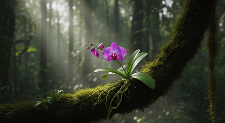 Ethereal purple orchid illuminated by god rays in a lush, misty rainforest, a vision of pristine natural beauty.