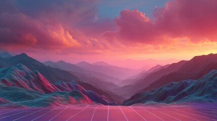Majestic Mountain Vista at Sunset: A breathtaking vista unfolds, with majestic mountain ranges silhouetted against a sky ablaze with the vibrant hues of a sunset.