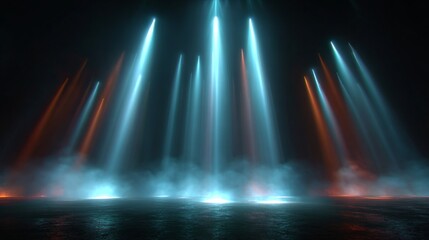 Illuminated Stage: A dramatic stage bathed in vibrant blue and orange light beams piercing through the air, creating an atmospheric and dynamic visual.