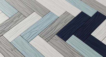 Modern herringbone pattern with blue and grey wooden planks. Abstract background with wood grain texture for interior design.