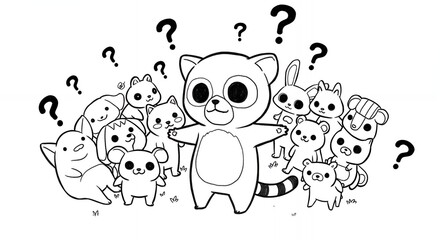 Monochrome Cartoon Raccoon Surrounded by Animals with Question Marks Illustration for Playful Educational Graphic Designs and Cute Monochrome Concepts