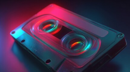 Neon-Lit Cassette: A retro cassette tape illuminated by vibrant neon lights, reflecting the essence of the 80s, promising a sensory auditory experience.