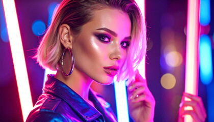 Neon Nights: A captivating beauty adorned with stunning makeup and lustrous short hair is embraced by vibrant neon lights, creating a vivid spectacle that is sure to captivate