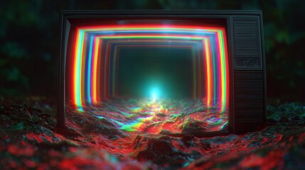 Television Portal: A vintage television set glows with a surreal, kaleidoscopic portal. It shows a mesmerizing tunnel. Colors ripple and distort.