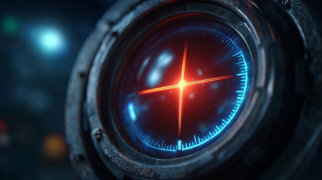 Technological Compass: A futuristic close-up showcases a technological compass, its intricate design of lines and a radiant cross, emitting a soft, warm glow in the depths of space.