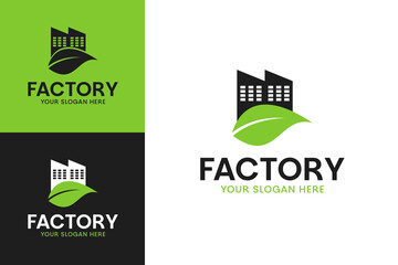 Factory with leaf for natural logo design template vector illustration